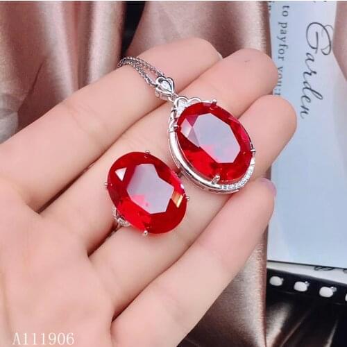 KJJEAXCMY boutique jewelry 925 sterling silver inlaid natural red corundum gemstone female ring necklace pendant set support det