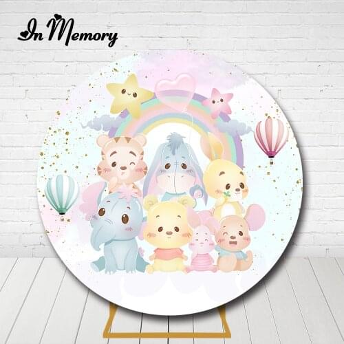 InMemory Cute Animals Rainbow Girls Round Backdrop Cover Kids Newborn Baby Shower 1st Birthday Party Circle Background Elastic