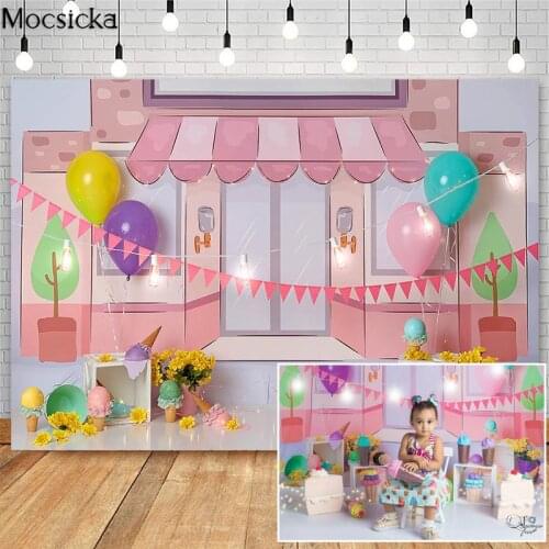 Mocsicka Ice Cream Shop Theme Cake Smash Birthday Photography Backdrops Girl 1st Birthday Photographic Studio Photo Backgrounds