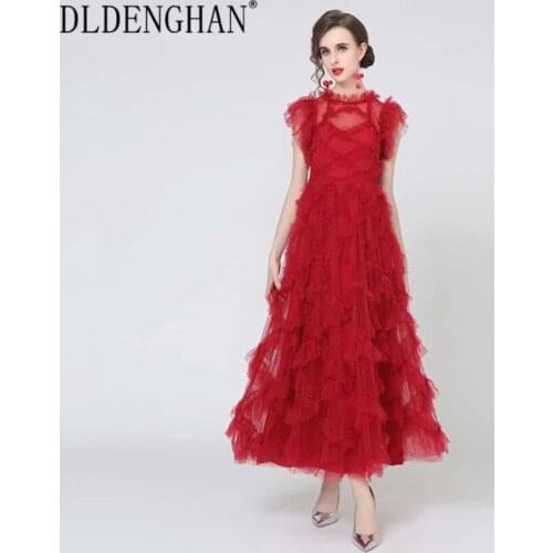 DLDENGHAN Fashion Runway Designer Autumn Mesh Maxi Dress Women Stand Collar Short Sleeve Dot High Waist Party Long Dresses