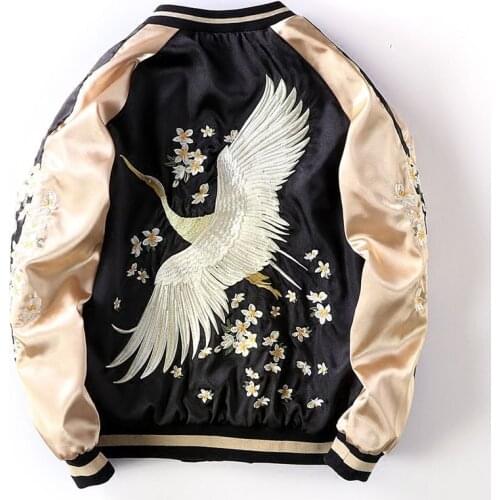 ABOORUN 2021 Mens Yokosuka Crane Emeboridery Baseball Jackets Harajuku Silk Bomber Coat for Male