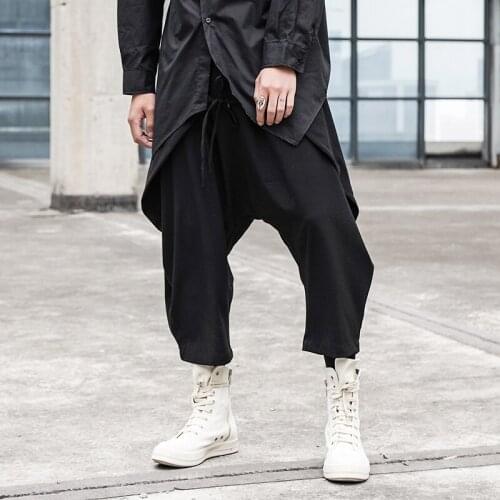 Mens new hair stylist style dark classic contracted Japanese fashion youth loose cross-crotch casual pants