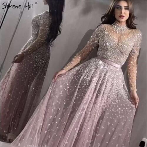 Latest Design Pink High Collar Prom Dresses 2020 Long Sleeves Sequined Luxury Sexy Gowns Serene Hill BLA70066