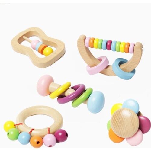 New Wooden Rattle Set Color Beech Wood Flower Hand Rattle Baby Early Education Enlightenment Toys