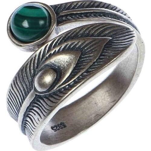 Silver Color Retro Malachite Feather Open Stacking Rings For Women Men Couple Punk&Elegant Fashion Bijoux