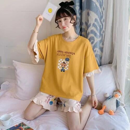Pajamas womens summer short-sleeved shorts Korean version of sweet cartoon loose large-size knitted cotton can be worn on women