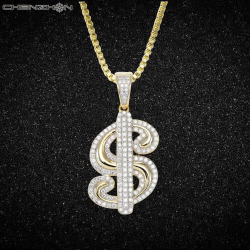 CHENZHON Dollars Shape Iced Out Zircons Pendants 925 Sterling Silver Jewelry Necklaces Hip Hop Style For Men Chains Free Box