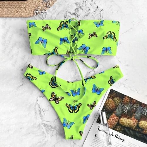 Tube Tops Strapless Sexy Women Bikini Set Butterfly Print Padded Swimwear Bathing Suit Bandage Swimsuit Split Swimming Beachwear