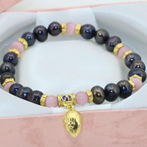 High grade women girls party gifts 7-8mm natural black pearl pink cat eyes round beads beaded bracelets jewelry 7.5inch B2800