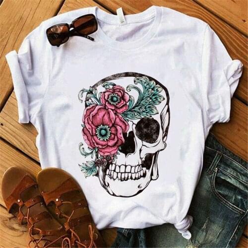 Womens Summer T-shirt Harajuku Skull Flowers Turban T-shirt Clothes Short Sleeve Graphic T-shirt Tops in the Woods