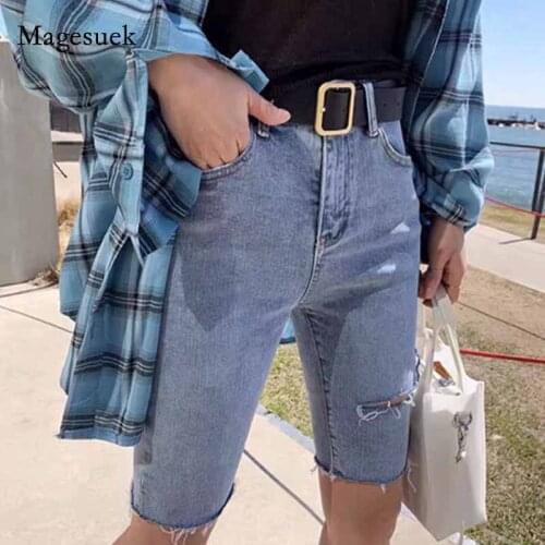 Blue Denim Shorts Streetwear Elastic Jeans 2020 Summer Women Ripped Jeans for Women Skinny Lady Knee Length Pants Spodenki 10420