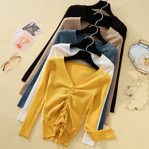 Sexy V-Neck Lace Up Knitting Pullover Sweater Top Fashion Fall Winter Women Chic Tops Knit Slim Jumper Pull Femme White Yellow