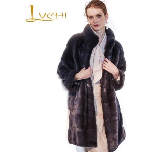 LVCHI Winter 2019 Long Sleeve Mink Coats Pocket Real Mink Fur Coat Natural Fur Causal Womens Mandarin Collar Long Mink Coat