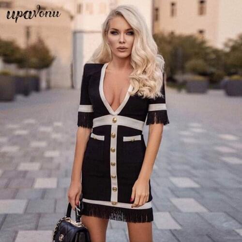 Free Shipping 2021 Summer Bandage Dress Women Sexy V-neck Short Sleeve Single Breasted Fringed Bodycon Dress Club Party Vestidos
