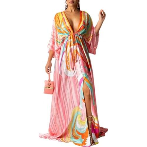 New Summer Maxi Dress Women Flare Sleeve Gorgeous Print A-Line Deep V Neck Floor Length Slit Hem Dresses Party