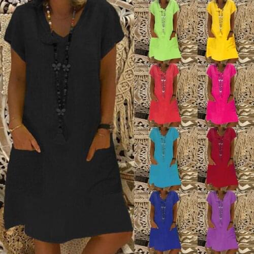 Womens Casual Solid Color Short-sleeve V-neck Pocket Cotton And Linen Dress Good Quality Vestidos Dress Clothes Robe Femme