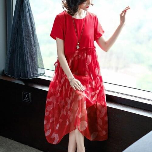 Elegant Beautiful Oblique Ruched Bowtie Drawstring Waist Floral Printed Women Dress Short Sleeve Loose Red Casual Dresses RE2159