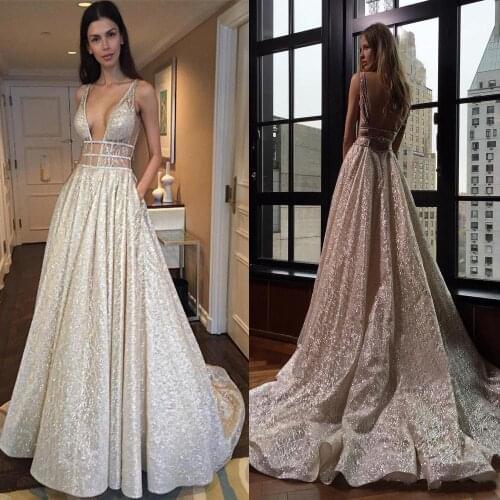 Sexy V Neck Sleeveless Prom Dress Long Sequins See Through Silver Sequin Backless Evening Dress with Beading Cutout Side