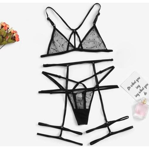 2020 Sexy Women Lace Lingerie Sets Ladies Black Transparent Mesh Underwear Female Sleepwear Pajamas Garter lenceria mujer