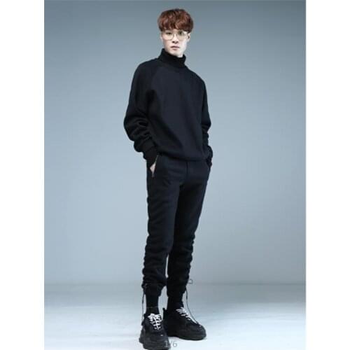 Autumn and winter mens solid color elastic waist personality draw rope pleat slim pencil pants wool casual tapered foot pants