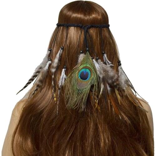 Gypsy Ethnic Adult Hair Band Peacock Feather Pendant Headband Leaves Rope Knitted Belt Elastic Hairwear Headdress Jewelry