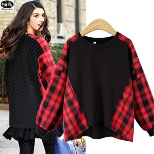 HongMiao 2019 New Fashion Women Autumn Loose Plaid T-shirt Long Sleeve Pullover Cotton Clothes Autumn Plaid T-shirt 2020