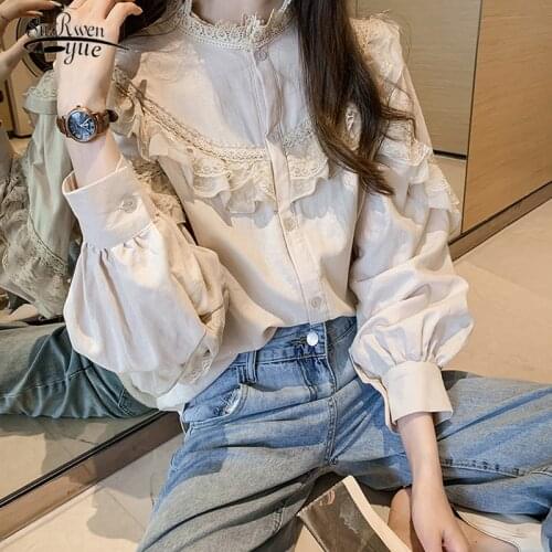 Korean Fashion Clothing Women Tops and Blouses Vintage Spring Lantern Sleeve Office Ladies Shirts Lace O-neck Tops Blusas 9951
