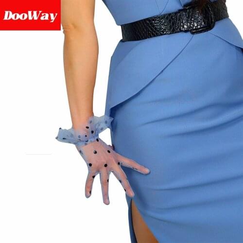 DooWay Lace Short Sheer Gloves Touchscreen Ruffled Trim Tulle Mesh for Women Wedding Pary (Blue Big Dots)
