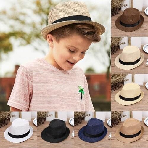 Summer Solid Blet Sunhat Children Kids Summer Beach Straw Hat Jazz Trilby Fedora Hat Gangster Fashion Cap шапка для мальчика