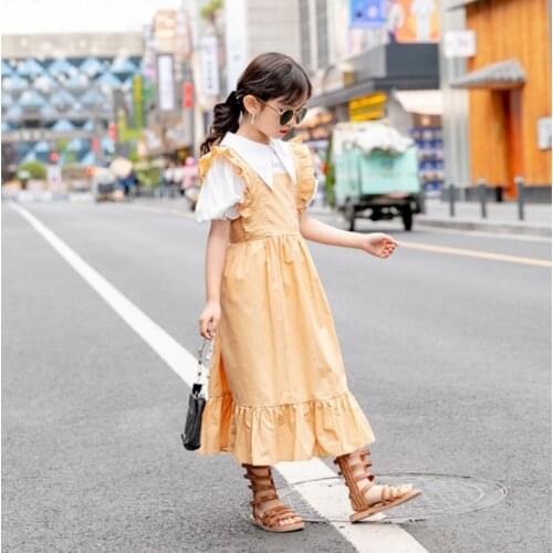 Cultiseed Girls Summer Puff Sleeve Shirts+Ruffled Strap Vest Dress 2pc Sets Clothing Children Kids Cute Princess Party Gowns