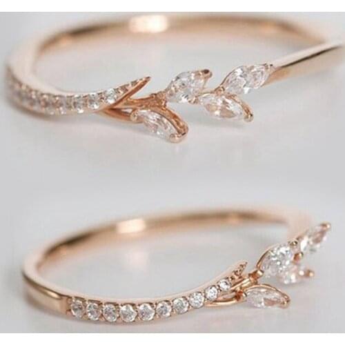 Leaf Crystal Engagement Rings Womens Eternity Wedding Band Rings For Female Rose Gold Rings Jewelry Gifts