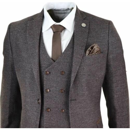 Brown Mens Suits Wool Blend 3 Piece Long Sleeve Suit Double Breasted Waistcoat Tweed Peaky Blinders 1920s Costume Homme