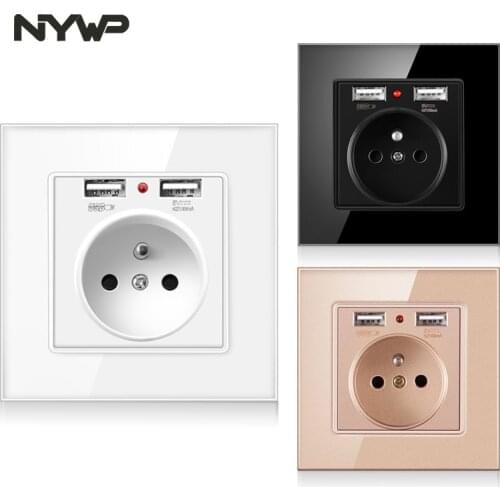 Nywp French Standard wall socket, 16a power socket with 2100ma Dual Port USB charger, black, white, gold, 86 glass panel