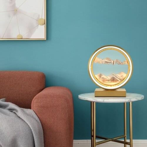 LED Desk Lamp Round Glass Hourglass Rotatable with Kinds of Light Illumination Quicksand Painting Living Room Decoration