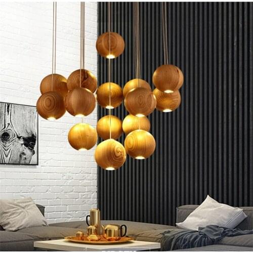 Nordic Solid OAK Wood Ball Led Chandelier Modern Japanese Nordic Creative Living Dining Room Wood Wooden Pendant Lamp Light