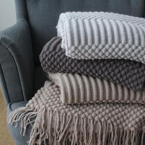 ​Nordic Knitted Blanket Travel Blanket Grey Khaki Sofa Throw Blanket with Tassels Air Condition Blankets