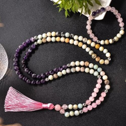 8mm Natural Amethyst Rose Quartz Amazonite Beaded Necklace Meditation Yoga Rosary Bracelet Set 108 Mala Womens Fashion Jewelry