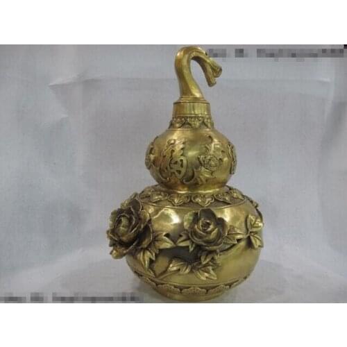 Song voge gem S0425 Chinese Brass Copper FengShui Peony flower open Wealth Pot Vase Gourd cucurbit