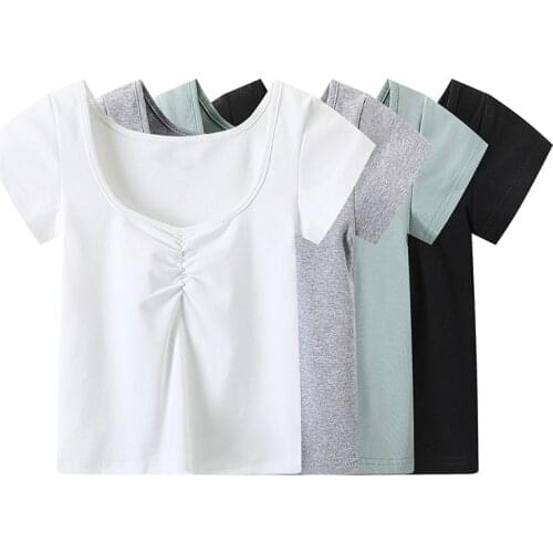 Casual Women Soft Cotton Square Collar T-shirt 2021 Summer Fashion Ladies High Street Straight T-shirt Female Solid Color Top