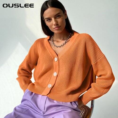 OUSLEE Casual V-neck Knitted Loose Cardigan Women Buttons Lantern Sleeve Sweaters Female Basic White Autumn Winter Tops