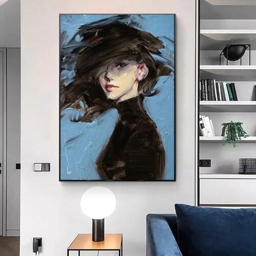 Sexy Woman on Blue Background Canvas Art Painting Modern Posters and Prints Girl Abstract Figure for Living Room Home Decoration