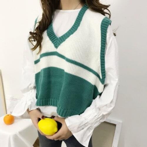 Korean Style Loose Stripe Argyle Spring Autumn V-Neck Patchwork Harajuku Hedging Vest Y2k Tops Preppy Style Sweaters for Women