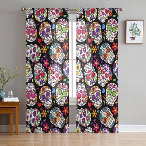 Skull Flower Line Love Tulle Curtains For Living Room Sheer Curtain Bedroom Voile Decorative Window Treatments
