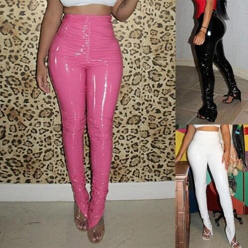 Women Faux Leather Pencil Pants Solid Color Stackable Pants Tights Skinny Side Split Trousers Street Clubwear Female Trousers