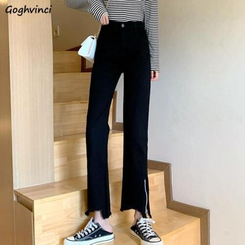 Jeans Women Zipper Ankle Length Korean Style Classic Vintage Black Trendy Students Streetwear Elegant High Waist Side Slit New