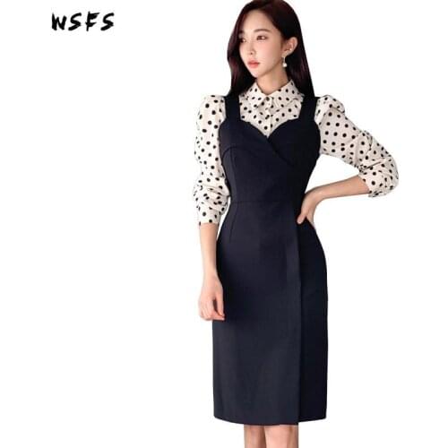 2 Pieces Set Spring Dresses Black Dot Shirt Tops Bandage Bodycon Women Dress Vintage Elegant Sexy Party Suspender Skirt Clothes