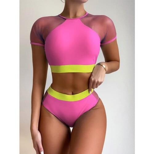 Splicing Mesh Short Sleeve High Waist Bikini Female Swimsuit Women Swimwear Two-piece Bikini Set Bather Bathing Suit Swim