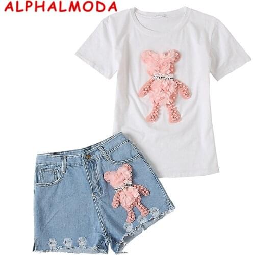 ALPHALMODA 2018 Summer Women Bear Appliques Fashion Tshirts + Denim Shorts 2pcs Casual Sets