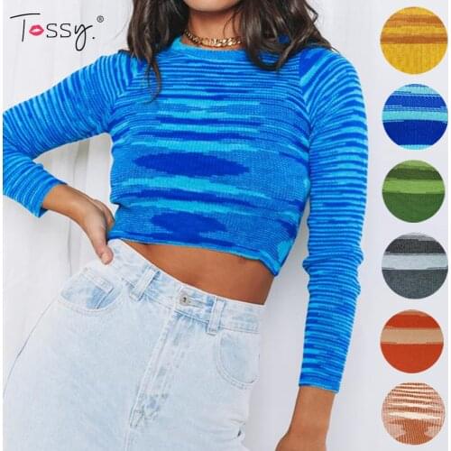 Tossy O-neck Knitted Long Sleevele Crop Top Striped Cropped Sweaters For Women Slim Higt Streetwear YZK 2021 Autumn New