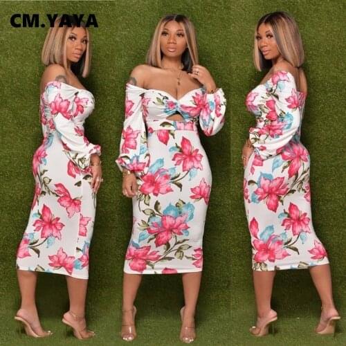 2020 Women Summer Midi Dress Floral Print Full Sleeve Sexy Beach Party Night Club Street Bandage Dresses Vestidos GL2075
